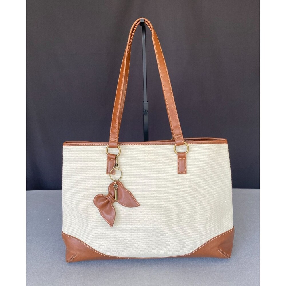 Coldwater Creek Canvas Tote Bag Brown Trim Butterfly Charm Coin Purse Large
